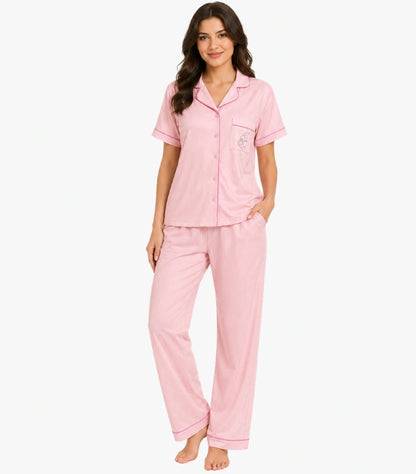 JUICY COUTURE WOMEN'S PINK PAJAMA SET | BUTTON-DOWN SHORT SLEEVE TOP & PANTS WITH RHINESTONE LOGO