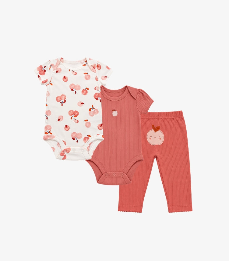 Carter's baby girls 3-piece apple print outfit set featuring two short sleeve bodysuits with ruffle and embroidered details and matching ribbed leggings.