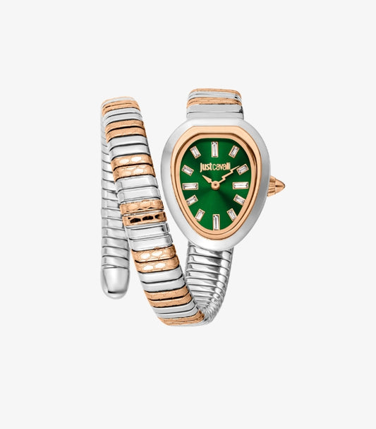 JUST CAVALLI SIGNATURE SNAKE QUARTZ GREEN DIAL WATCH JC1L264M0025