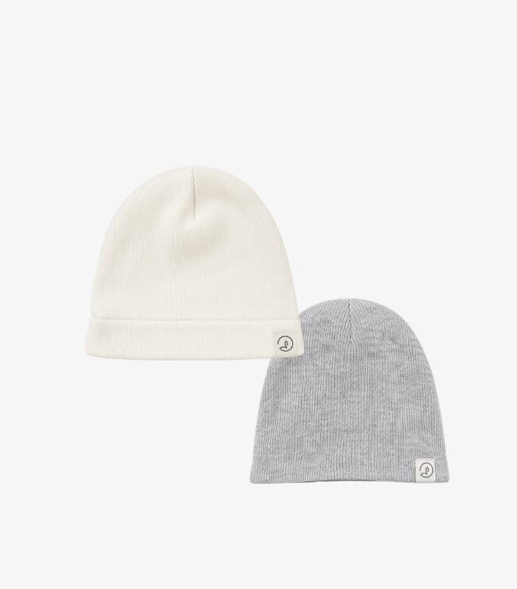 Little Planet baby 2-pack ribbed knit beanie hats featuring one folded cuff hat and one classic cuffless hat with signature logo tags.