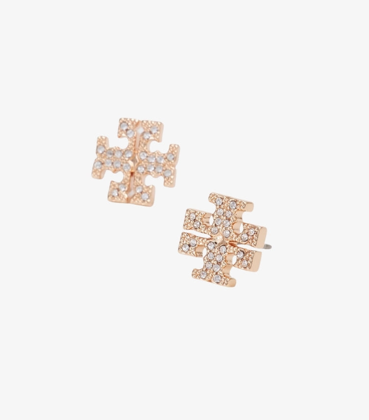 Angled view of Tory Burch rose gold-tone crystal Double T stud earrings showing post-back fittings