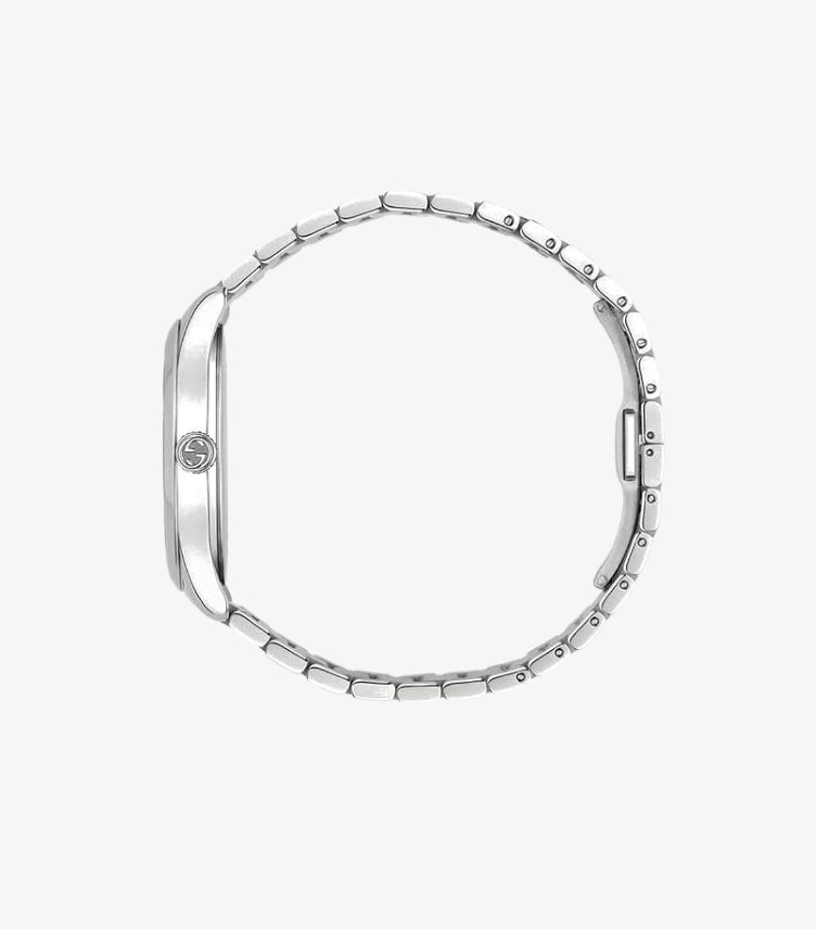 Gucci G-Timeless YA1264136 Silver Stainless Steel Watch – Side Profile View Showing Smooth Polished Bezel, Double-G Engraved Crown and Three-Row Steel Bracelet with Deployant Clasp