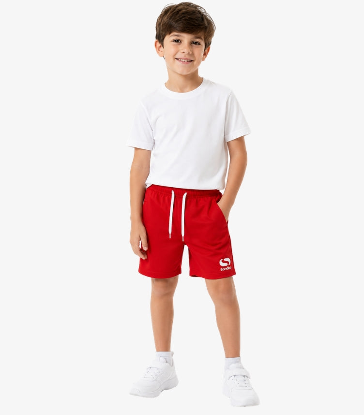 Sondico kids red performance sports shorts front view