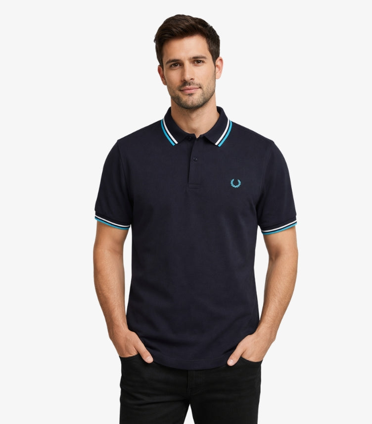 FRED PERRY MEN’S TWIN TIPPED POLO SHIRT – NAVY WITH TURQUOISE LAUREL LOGO