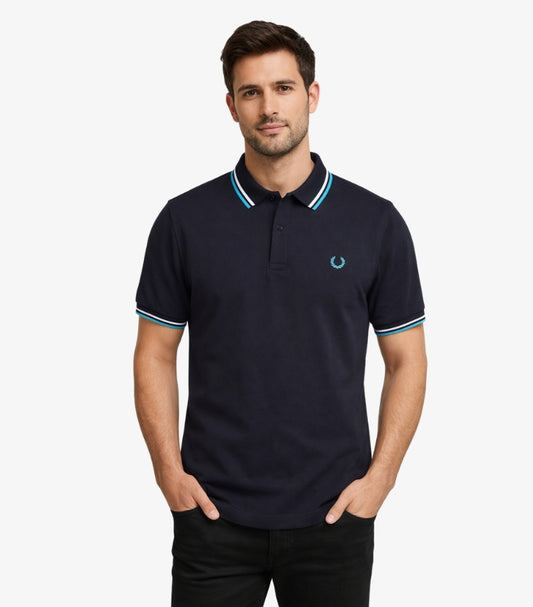 FRED PERRY MEN’S TWIN TIPPED POLO SHIRT – NAVY WITH TURQUOISE LAUREL LOGO