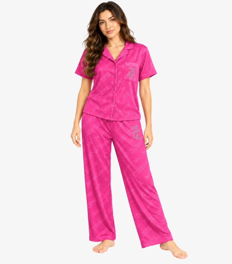 Front view of Juicy Couture women’s pink button-up pyjama set with tonal logo pattern and embellished branding