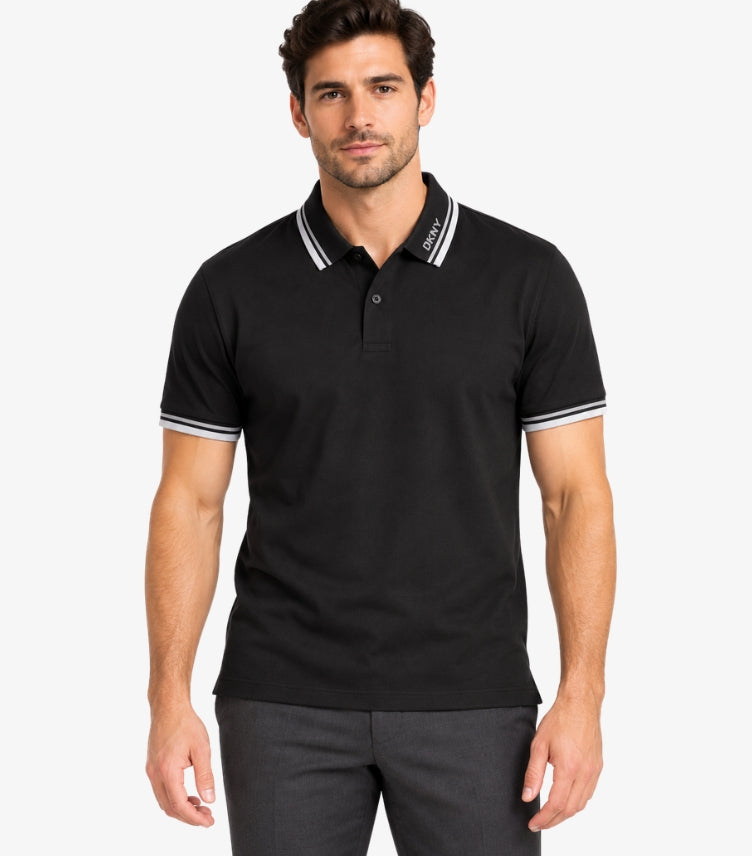 DKNY Men's Black Polo Shirt featuring a striped tipped collar, short sleeves, contrast sleeve cuffs and signature DKNY collar logo.
