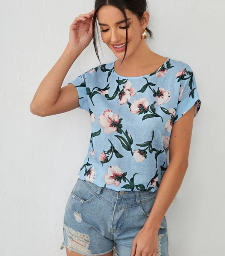 SHEIN WOMEN'S ROLLED CUFF FLORAL PRINT TOP