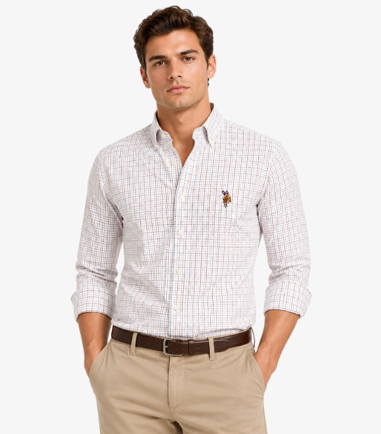 U.S. Polo Assn. men's multicolor check long sleeve cotton shirt front view