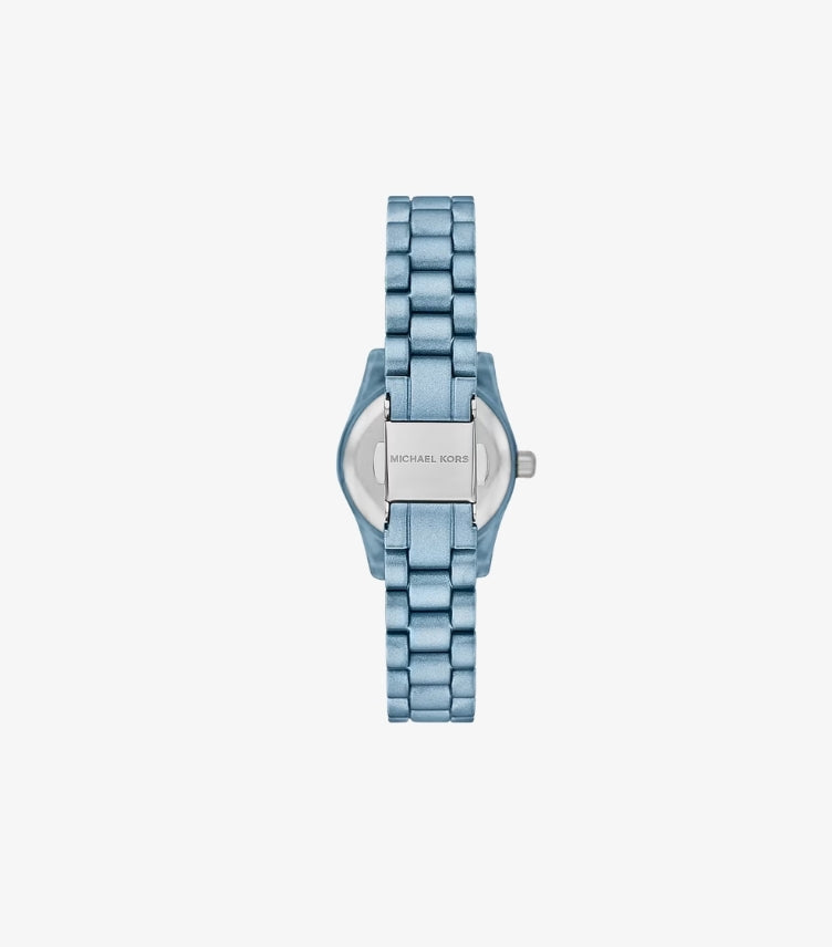 Back view of Michael Kors petite blue-tone stainless-steel bracelet watch with branded clasp