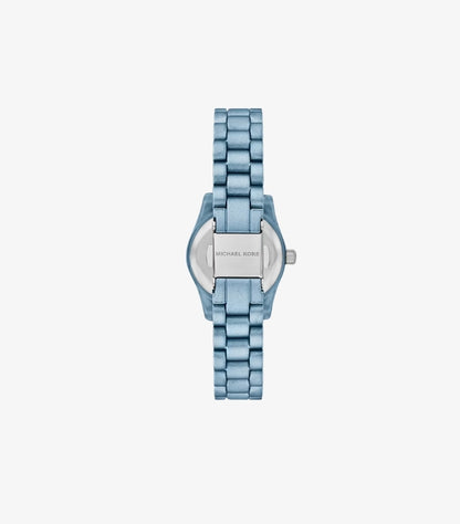 Back view of Michael Kors petite blue-tone stainless-steel bracelet watch with branded clasp