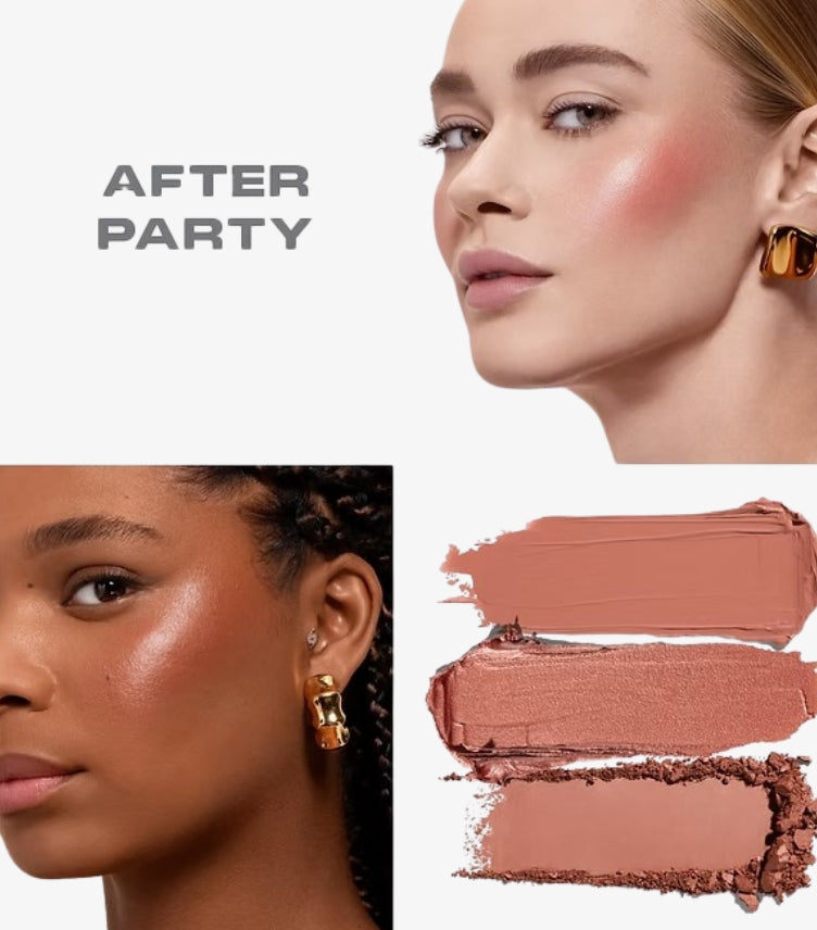 Morphe Cheek Thrills Multi-Finish Face Trio in After Party with nude rose swatches and blush shown on two skin tones