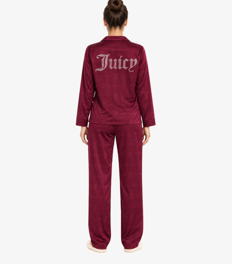 Back view of Juicy Couture embellished pajama set featuring a large sparkling Juicy logo across the shirt