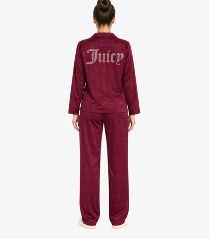 Back view of Juicy Couture embellished pajama set featuring a large sparkling Juicy logo across the shirt