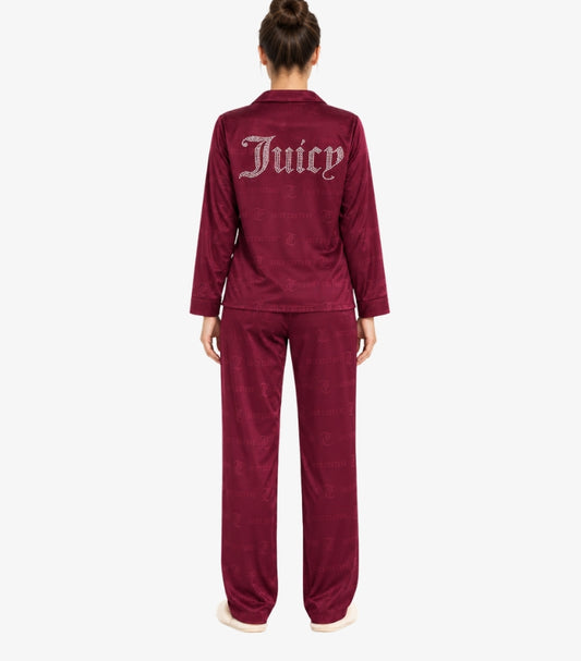 Back view of Juicy Couture embellished pajama set featuring a large sparkling Juicy logo across the shirt