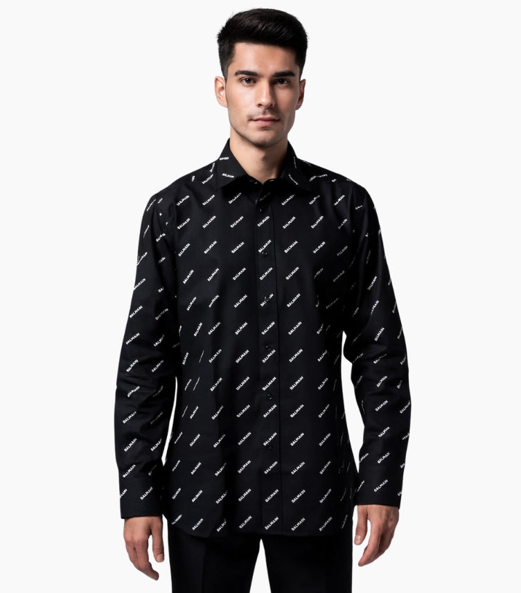 BALMAIN ALL OVER TEXT BLACK LONG SHIRT CASUAL FIT