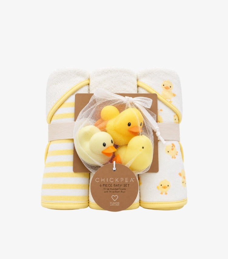 Chickpea baby 6 piece bath gift set with three hooded towels and rubber duck bath toys