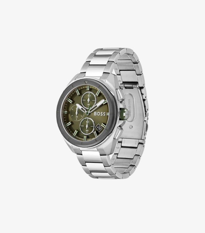 HUGO BOSS SILVER STAINLESS STEEL GREEN DIAL WATCH 1513951