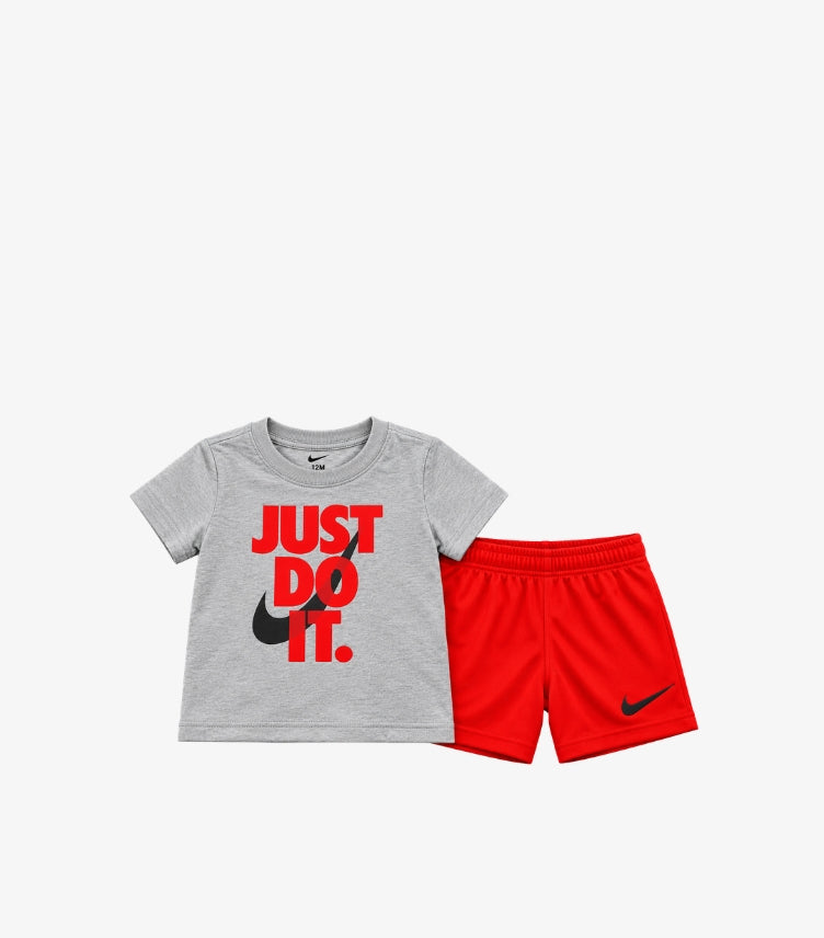 Nike Just Do It baby boys 2-piece outfit featuring graphic crew neck T-shirt and elastic waist shorts