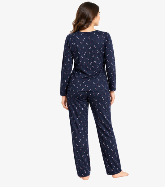 Back view of M&S women's printed two-piece nightwear set featuring long sleeve top and relaxed straight-leg pyjama trousers