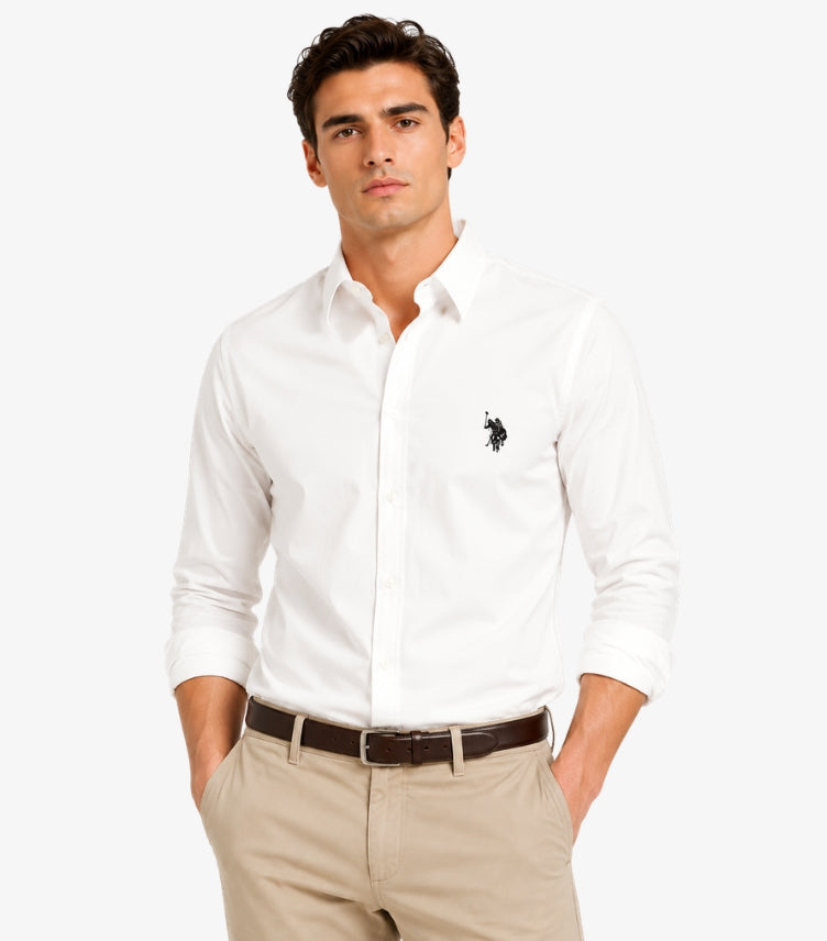 U.S. Polo Assn. men's white long sleeve cotton shirt front view