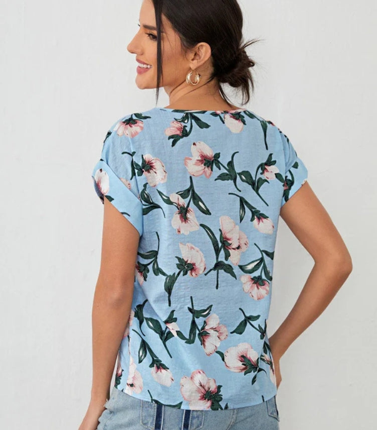 SHEIN WOMEN'S ROLLED CUFF FLORAL PRINT TOP