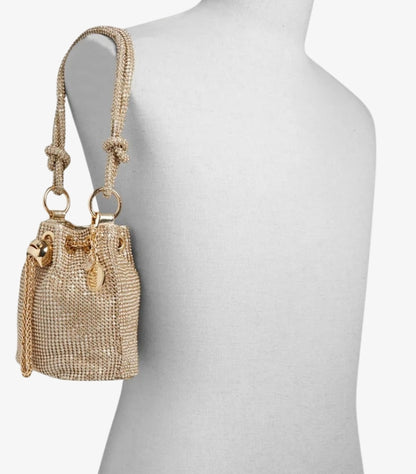 ALDO crystal mini bucket bag displayed over the shoulder showing compact cylindrical shape