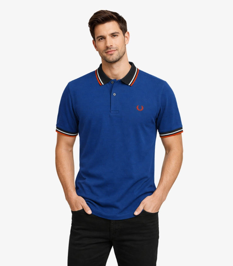 FRED PERRY MEN’S TWIN TIPPED POLO SHIRT – ROYAL BLUE WITH RED LAUREL LOGO