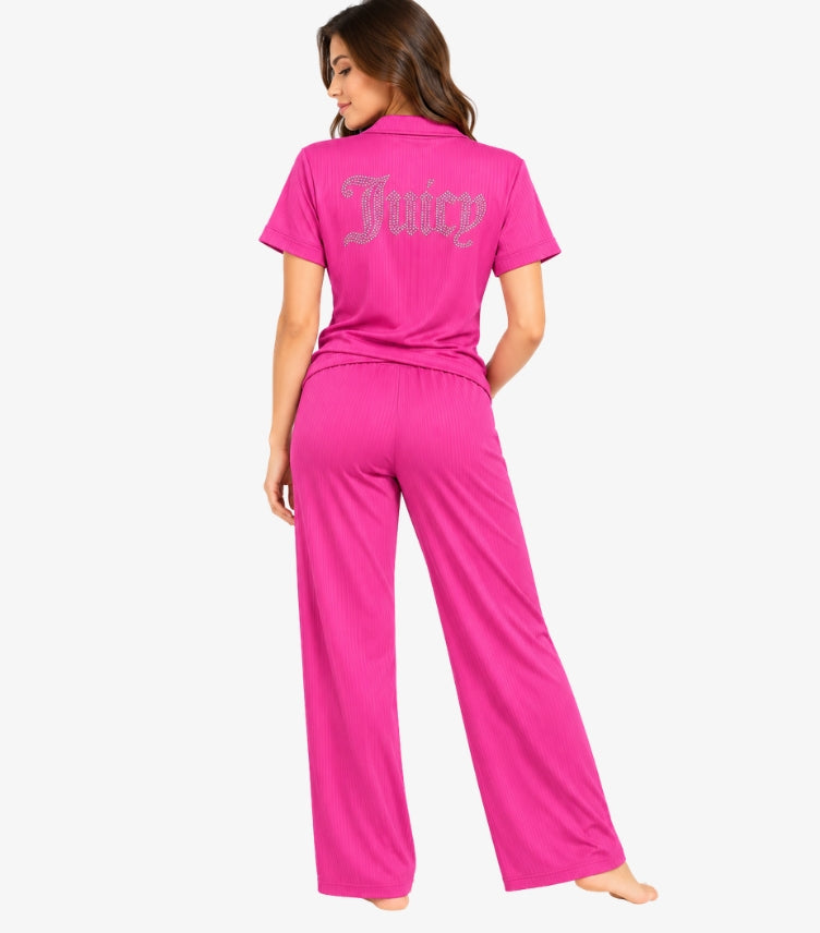 Back view of Juicy Couture women’s pink ribbed pyjama set with wide-leg trousers and large embellished Juicy logo