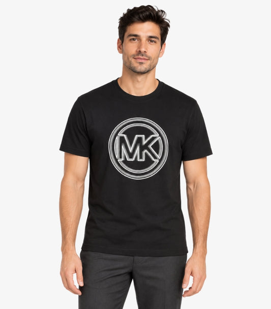 Michael Kors Men's Black Graphic T-Shirt featuring a large silver-tone circular MK logo, classic crew neck and short sleeves.