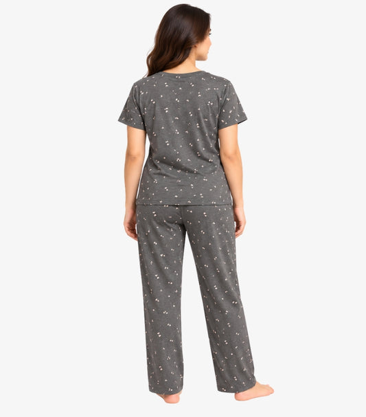 Back view of M&S women's short sleeve printed pyjama set with crew neck T-shirt and matching full-length straight-leg trousers