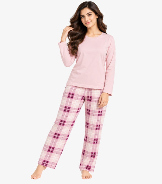 Woman wearing M&S long sleeve T-shirt and checked pyjama trousers two-piece nightwear set front view