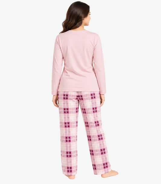 Back view of M&S women's long sleeve pyjama set featuring plain round neck top and full-length checked trousers