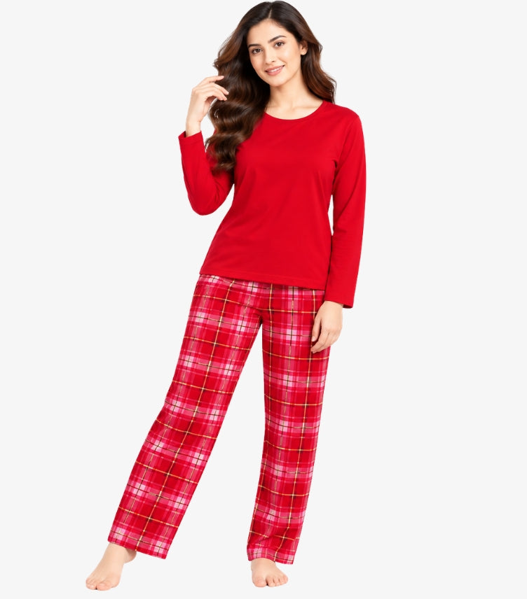 Woman wearing M&S long sleeve round neck T-shirt with tartan checked full-length pyjama trousers front view