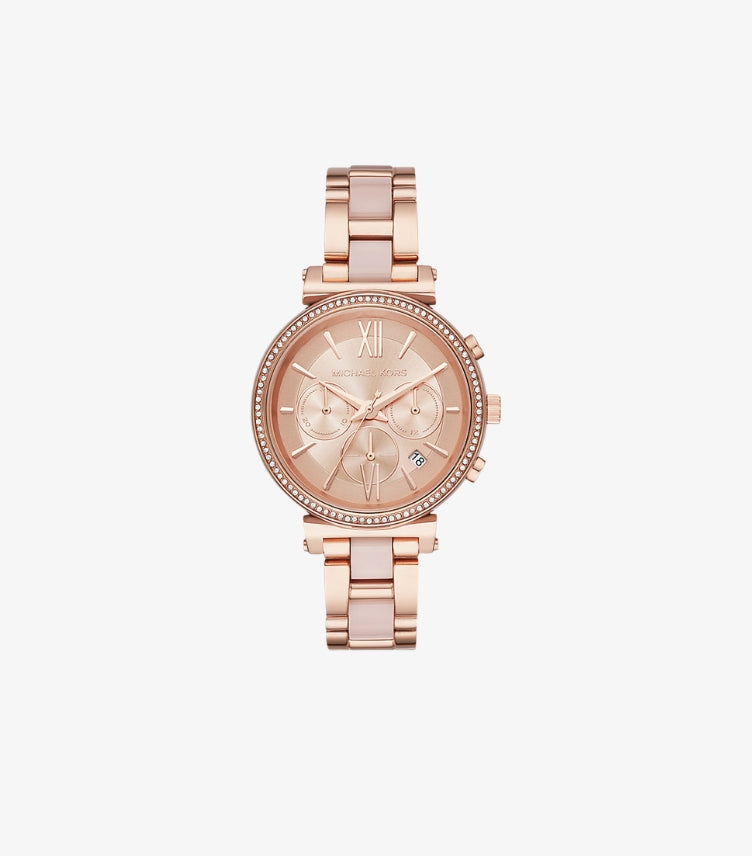 MICHAEL KORS SOFIE PAVE ROSE GOLD-TONE AND ACETATE WATCH MK6560