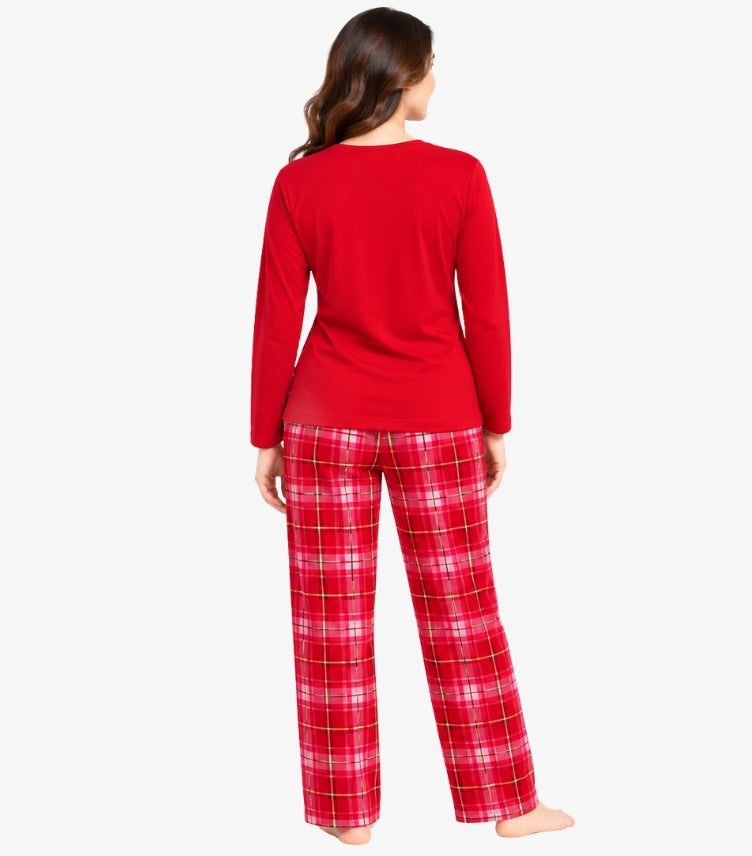 Back view of M&S women's two-piece nightwear set featuring plain long sleeve top and straight-leg tartan checked pyjama trousers