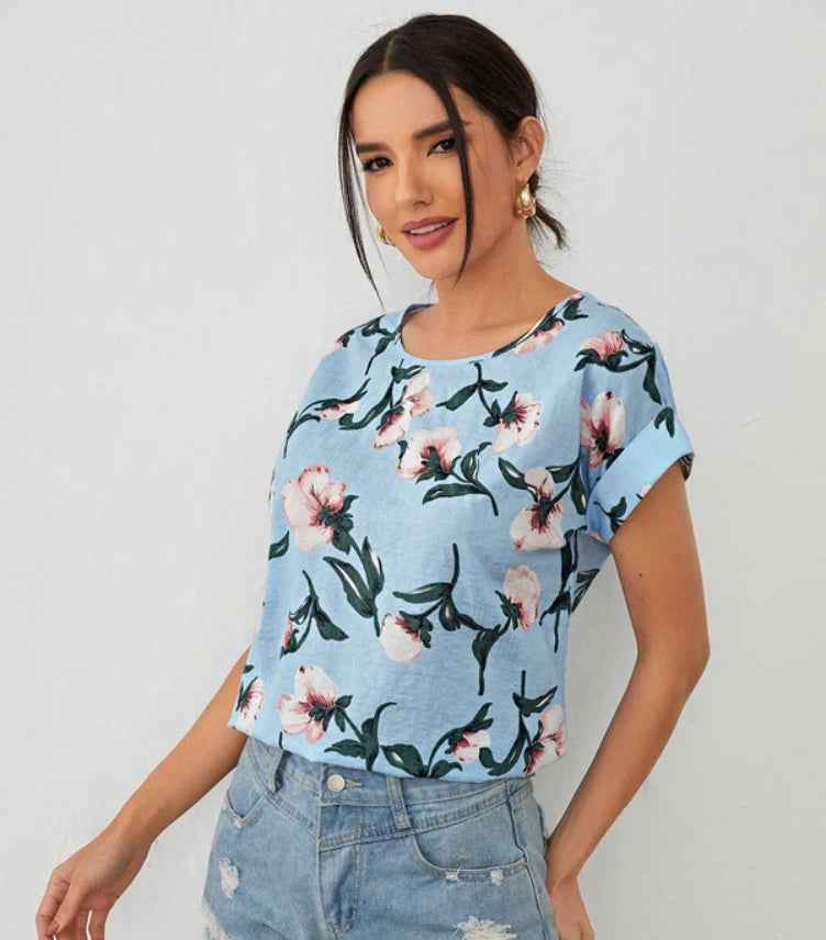 SHEIN WOMEN'S ROLLED CUFF FLORAL PRINT TOP