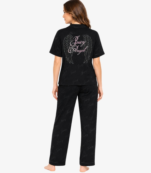 Juicy Couture Women's Black Satin Pajama Set featuring a large Juicy Angel wing design on the back, subtle all-over Juicy logo print and matching trousers.