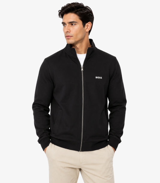 BOSS Men's Black Zip-Through Sweatshirt with White BOSS Embroidered Logo on Left Chest, Full Silver Zip and Mock Neck Collar – Front View