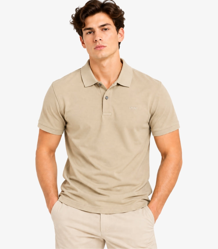 Man wearing a DKNY beige short-sleeve polo shirt with a button placket and subtle chest logo