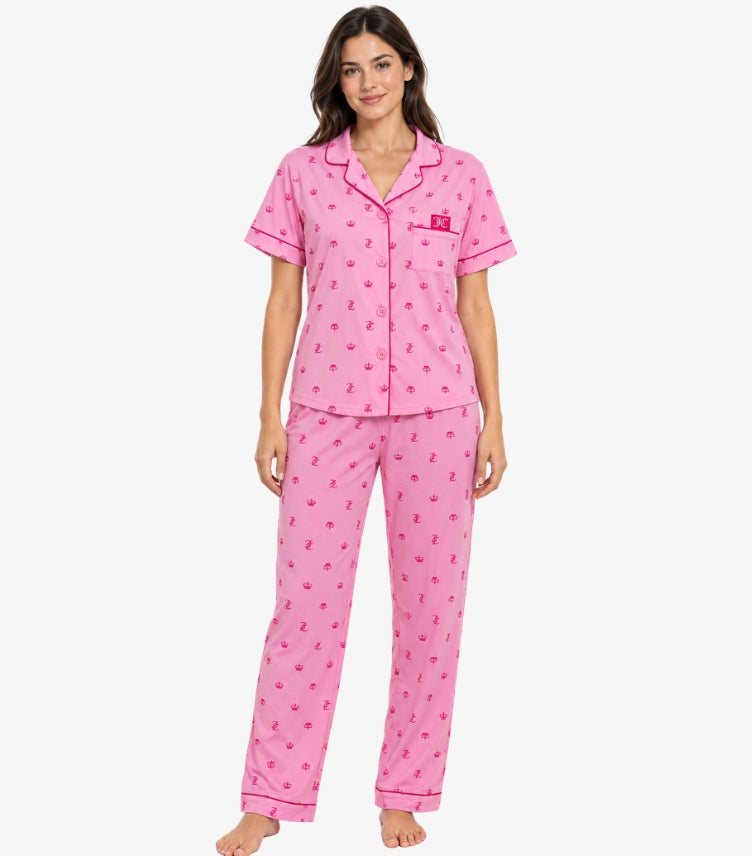 Juicy Couture pink logo print button-up pajama set shown from the front