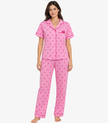 Juicy Couture pink logo print button-up pajama set shown from the front