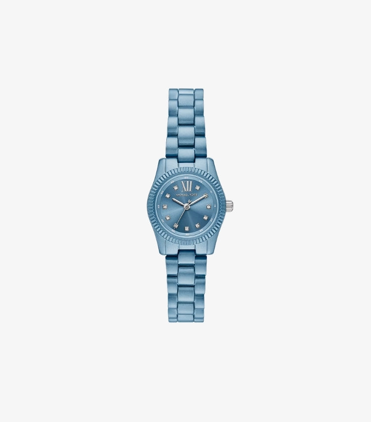 Front view of Michael Kors women’s petite blue-tone stainless-steel watch with 26mm case and pavé indexes