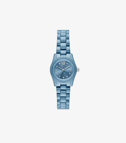 Front view of Michael Kors women’s petite blue-tone stainless-steel watch with 26mm case and pavé indexes