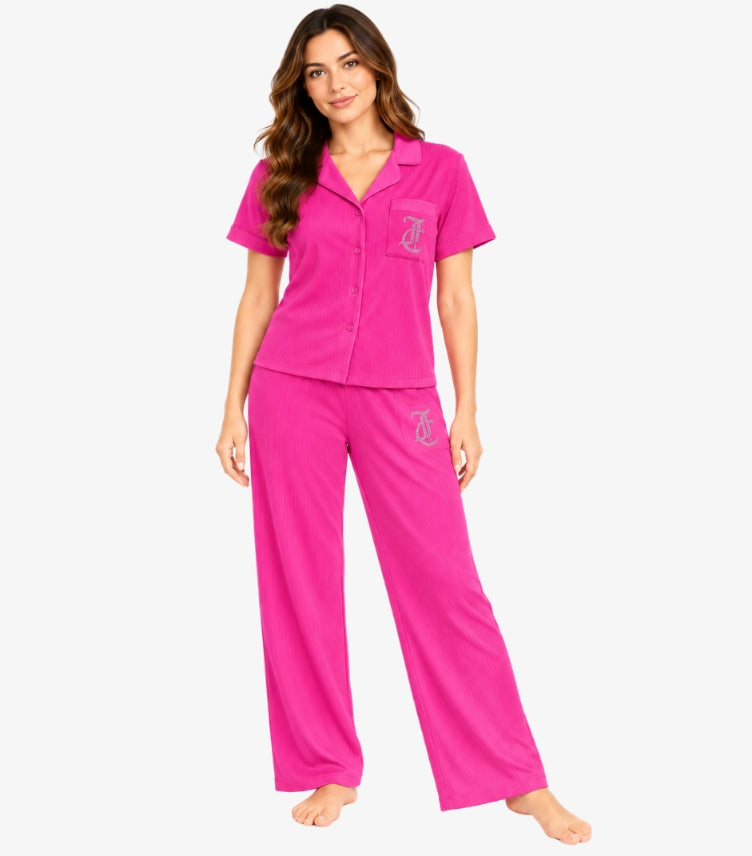 Front view of Juicy Couture women’s ribbed button-up pyjama set with sparkling JC monogram details