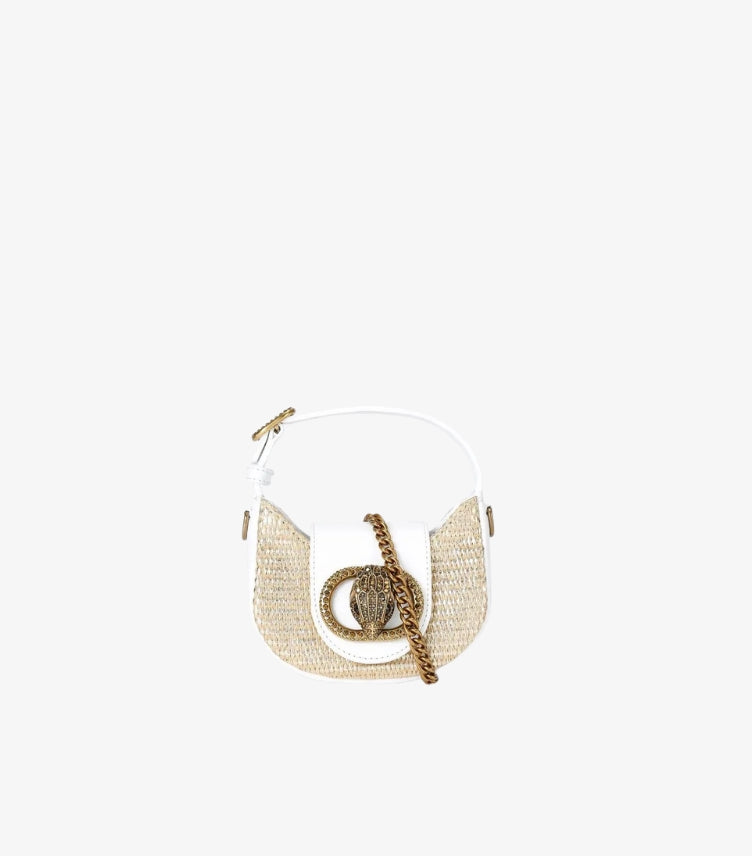 Front view of Kurt Geiger Micro Chelsea Hobo bag with woven body, eagle head clasp and chain strap