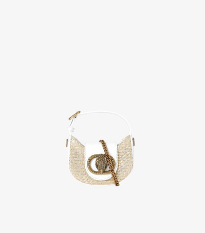 Front view of Kurt Geiger Micro Chelsea Hobo bag with woven body, eagle head clasp and chain strap