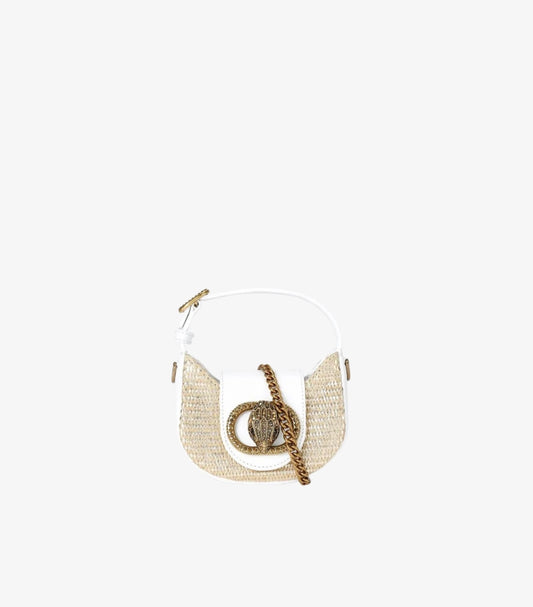 Front view of Kurt Geiger Micro Chelsea Hobo bag with woven body, eagle head clasp and chain strap