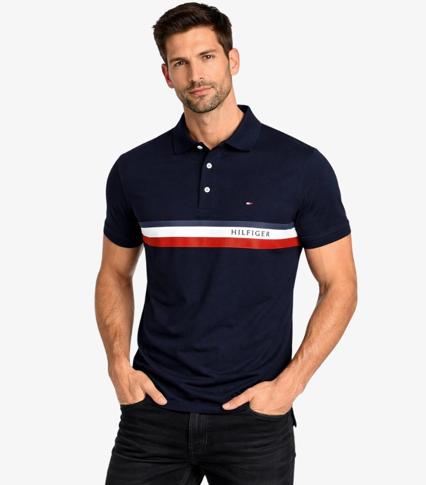 TOMMY HILFIGER MEN'S REGULAR FIT HILFIGER CHEST STRIPE POLO