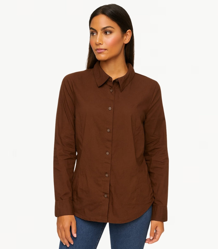 H&M WOMEN'S SOLID BROWN LONG-SLEEVE TOP WITH AN OPEN, TIE-BACK DESIGN